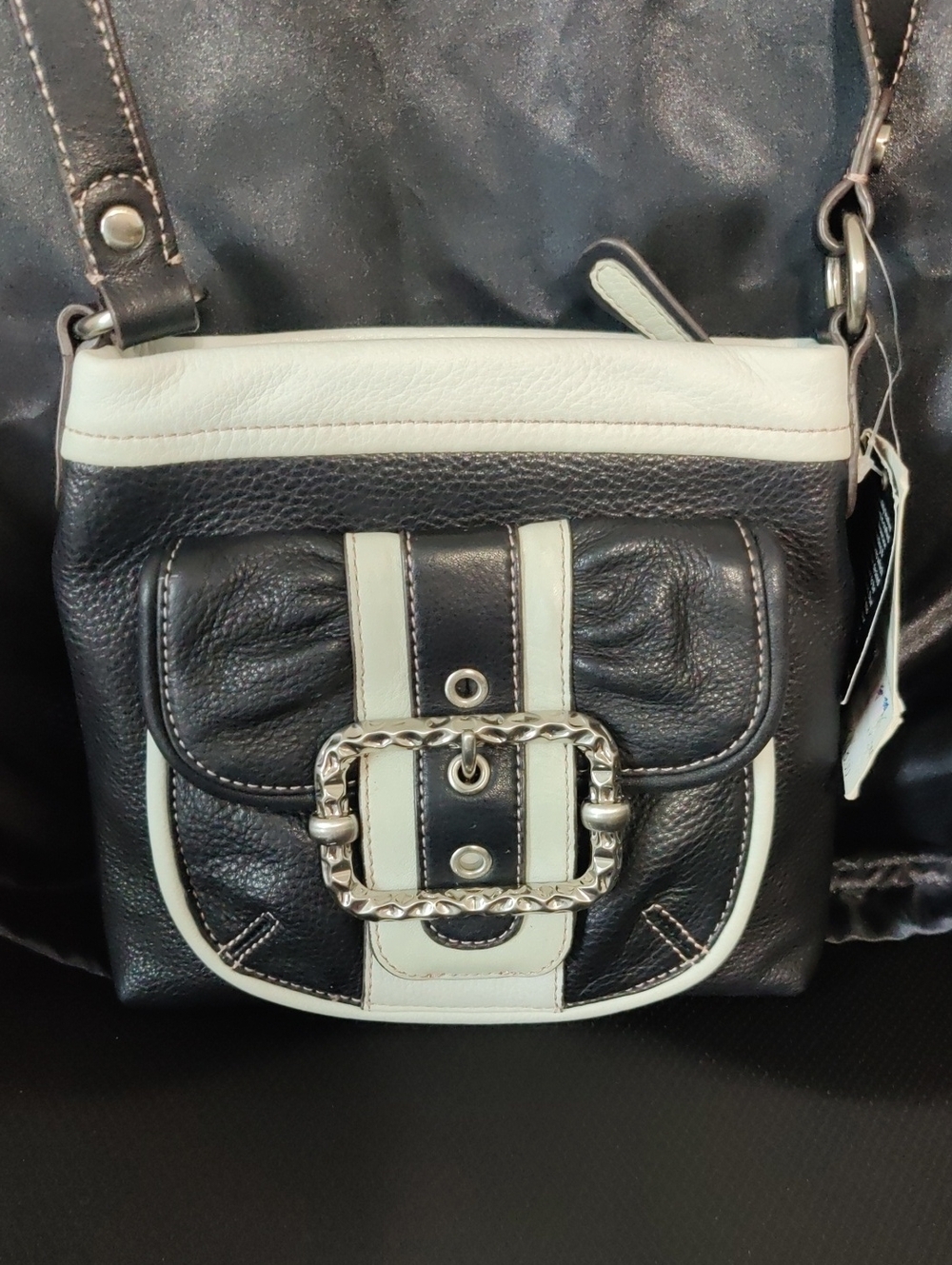 B. Makowsky Black & White Leather Crossbody – Decorative Buckle – Soft Leather –